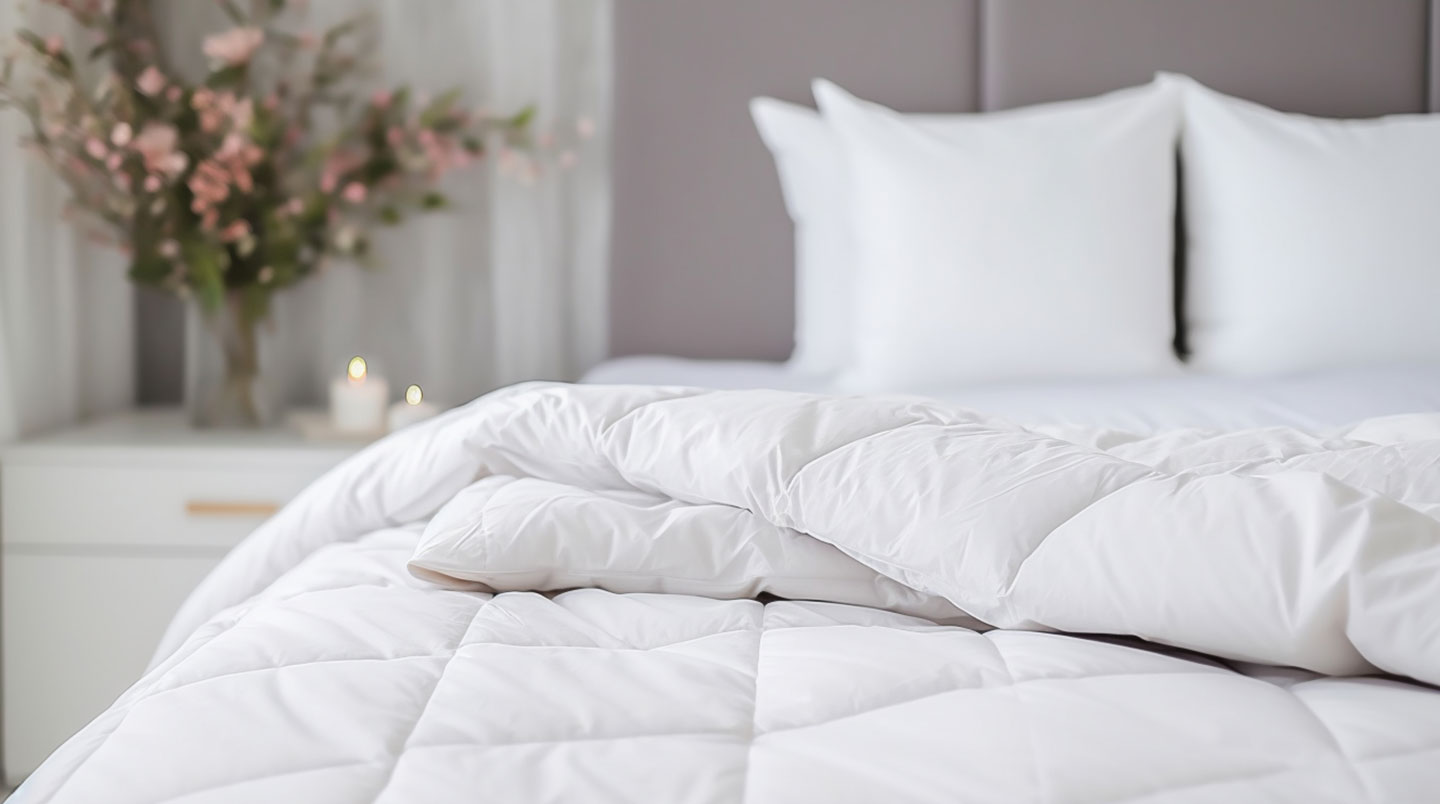 Échantillons de différents matériaux de couette : plume, duvet et fibre synthétique