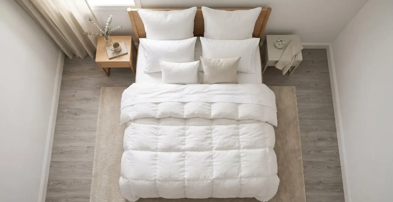 Lit parfaitement fait avec couette blanche épaisse dans une chambre lumineuse au style scandinave