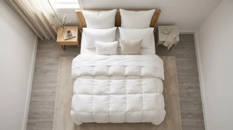 Lit parfaitement fait avec couette blanche épaisse dans une chambre lumineuse au style scandinave